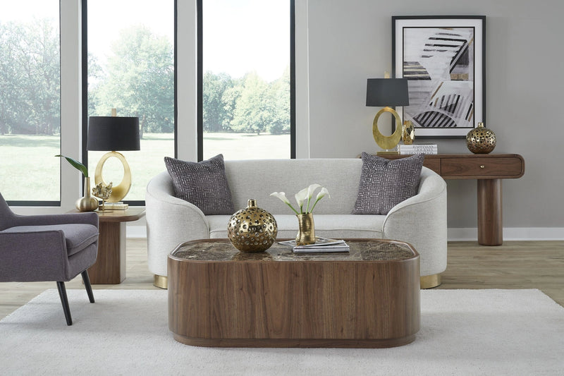 Juba Natural Marble and Walnut Coffee Table with Casters