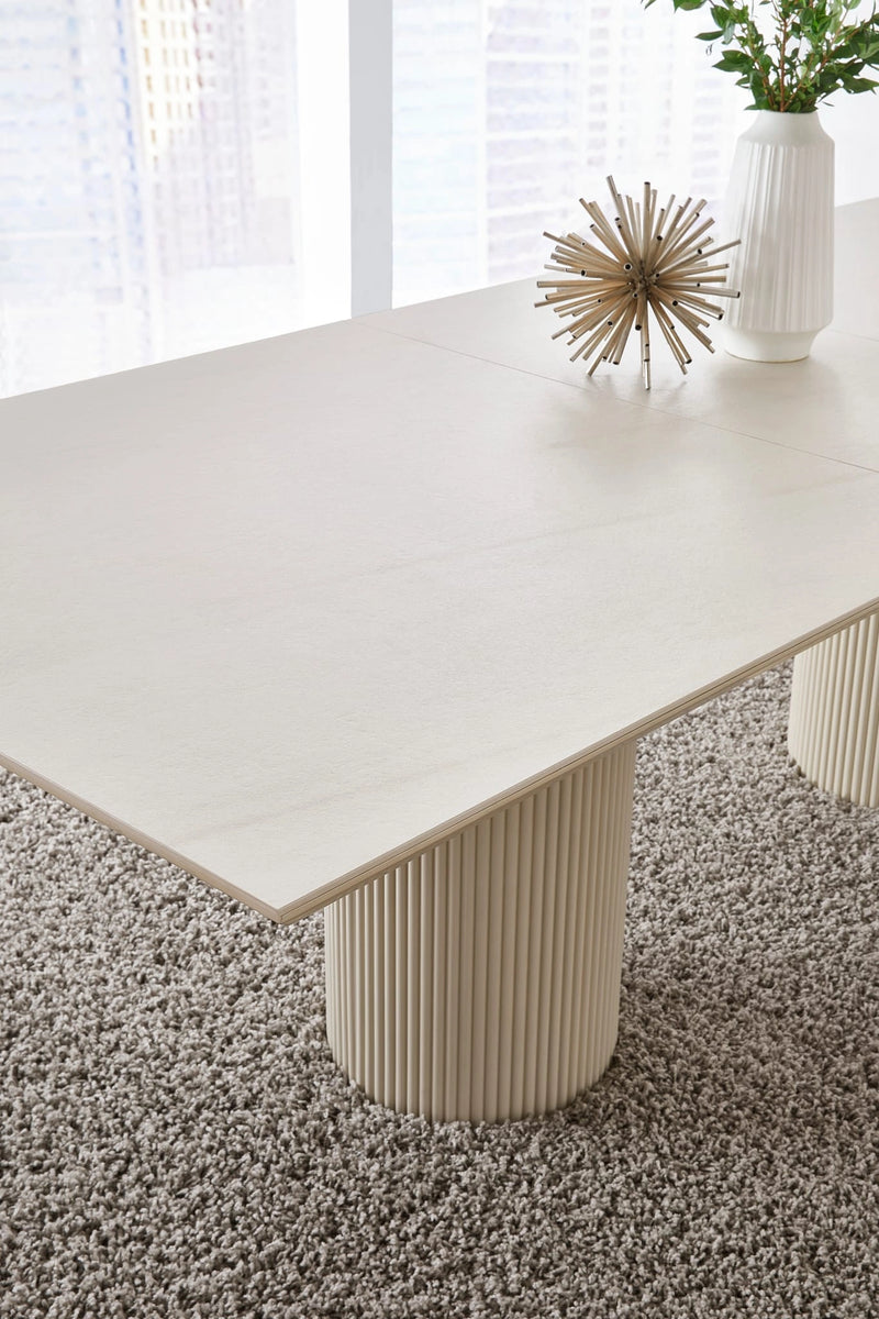 Cannon Stone Top Double Pedestal Extension Dining Table with Ivory Wood Base