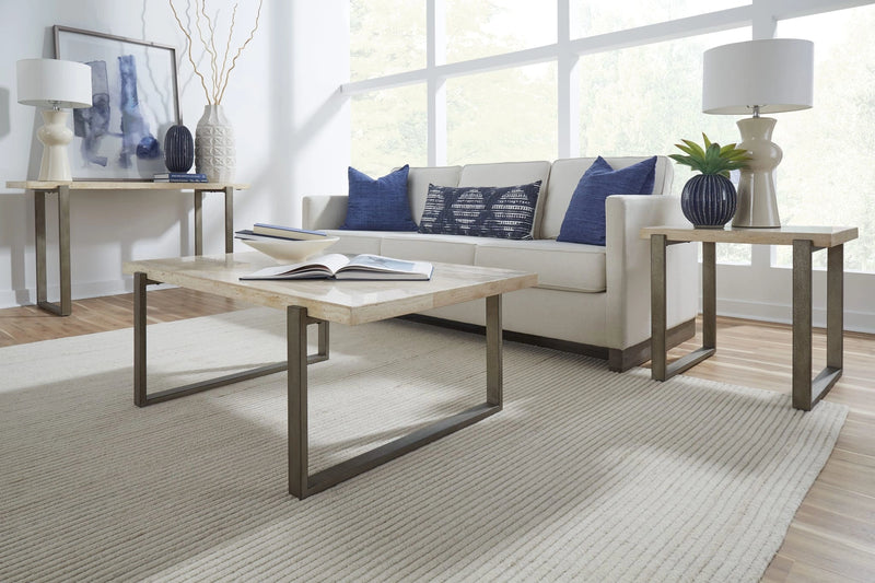 Ariela Natural Travertine Console Table with Bronze Metal Base