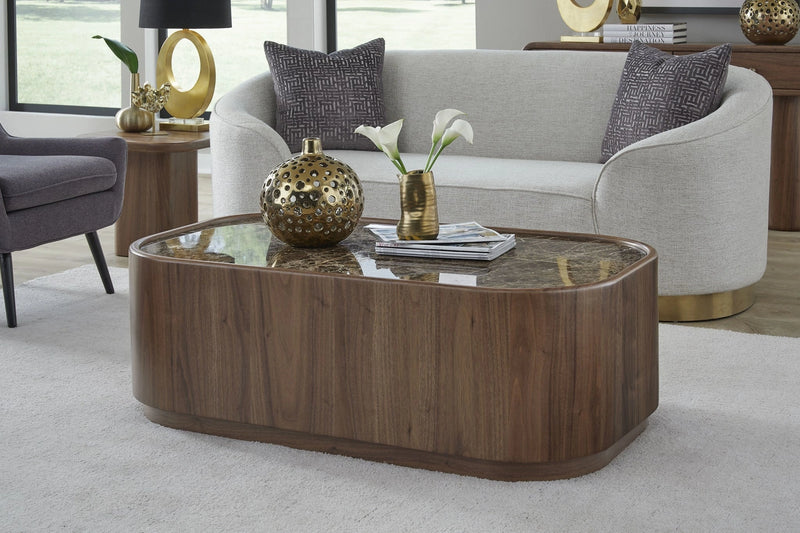 Juba Natural Marble and Walnut Coffee Table with Casters