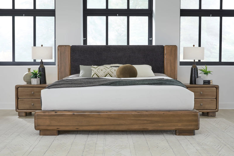 Boka Chenille Upholstered Acacia Wood Platform Bed