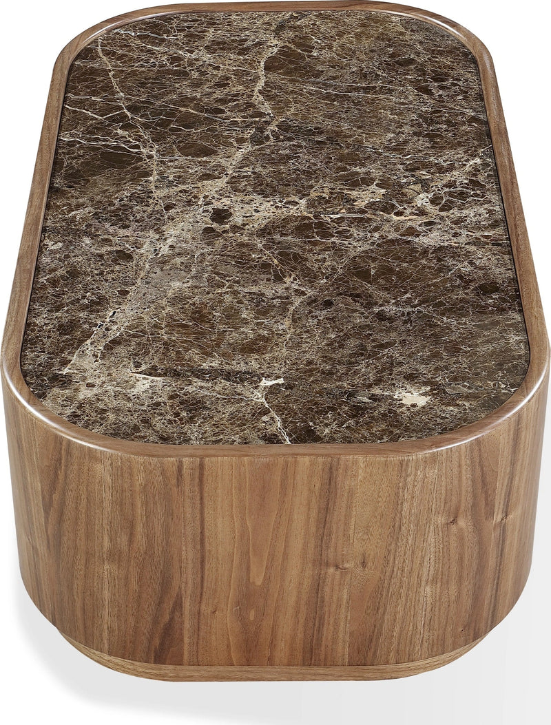 Juba Natural Marble and Walnut Coffee Table with Casters