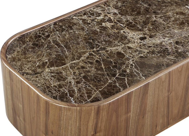 Juba Natural Marble and Walnut Coffee Table with Casters